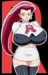 1girl absurdres arms_behind arms_behind_back big_breasts black_legwear blue_eyes blush boots breasts covered_nipples crop_top earrings ears erect_nipples game_freak gigantic_breasts high_res highres huge_breasts humans_of_pokemon jessie_(pokemon) jewelry legs legwear lips long_hair midriff miniskirt musashi_(pokemon) navel nintendo pink_hair pokemon pokemon_(anime) pokemon_(game) pose purple_eyes purple_hair red_hair salute shiny shiny_clothes shiny_skin skirt smile solo team_rocket thick_thighs thighhighs thighs underwear upskirt very_long_hair zahkey