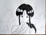 black_and_white black_eyes black_hair clothed clothed_female clouds dragon_ball dragon_ball_af fanmade gripi_(dragon_ball_af) one_female saiyan saiyan_girl surprised tagme traditional_art traditional_media traditional_media_(artwork) yamidanight