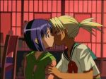  2girls blonde blonde_hair blue_hair blush closed_eyes dark_skin female hair kaolla_su kiss kissing love_hina multiple_girls ponytail shinobu_maehara short_hair surprised yuri 