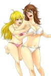  2_girls 2girls amane_(yukiango69) angry arm armpits arms art bare_legs bare_shoulders barefoot big_breasts bikini blonde_hair blue_eyes blush breast_grab breasts brown_hair cleavage collarbone embarrassed erect_nipples female green_eyes legs looking_at_another looking_back midriff moaning mound_of_venus multiple_girls navel open_mouth pink_bikini psyren pubic_hair shy side-tie_bikini simple_background standing swimsuit teeth tenjuin_frederica tenjuin_marie white_background white_bikini yuri 