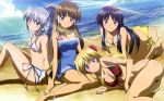 4_girls 4girls absurdres all_fours anklet arm arm_support arms art ass back-to-back bare_legs barefoot beach big_breasts bikini black_hair blonde_hair blue_eyes blush breasts brown_eyes brown_hair campione! cleavage day erica_blandelli feet female floral_print hatakeyama_kanae highres jewelry large_breasts legs light_rays liliana_kranjcar long_hair looking_at_viewer lying mariya_yuri midriff multiple_girls navel nyantype ocean official_art on_side outdoors print_bikini purple_hair red_eyes sand scan sea seishuuin_ena sitting sky small_breasts smile sunbeam sunlight swimsuit water yellow_bikini