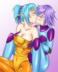 2_girls 2girls alternate_costume arm arms art artist_request bare_shoulders big_breasts blue_hair blush bodysuit breast_grab breasts cleavage closed_eyes clothed_navel collarbone demon_girl female friends from_behind hug hug_from_behind hugging kissing kurono_kurumu love monster_girl multiple_girls neck off_shoulder ponytail purple_hair rosario_to_vampire shirayuki_mizore short_hair sitting skin_tight turtleneck undressing yuri