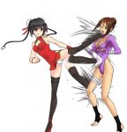  2_girls 2girls angry art battle beating black_hair breasts brown_eyes brown_hair china_dress chinadress chinese_clothes cleavage double_bun dress female fight fighting green_eyes kicking multiple_girls original panties pantyshot piw twintails underwear warrior white_panties wince 