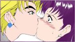 2girls art artist_request black_eyes blonde_hair blush earrings eye_contact female green_eyes jewelry kiss kissing long_hair looking_at_another love misato_katsuragi multiple_girls neon_genesis_evangelion purple_hair ritsuko_akagi short_hair surprised tears yuri