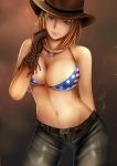  1girl american_flag_bikini big_breasts bikini blonde_hair blue_eyes breasts cleavage cowboy_hat cowgirl dead_or_alive dead_or_alive_2 dead_or_alive_3 dead_or_alive_4 denim flag_print gloves hair hat headgear jeans jewelry looking_at_viewer midriff nannacy7 navel necklace pants ripped_jeans solo stomach swimsuit tecmo tina_armstrong waist western 