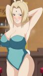 1girl alcohol alternate_costume angry angry_face animal_ears arms_behind_head arms_up bar bar_stool bare_thighs big_breasts blonde_hair blush breasts brown_eyes bunny_ears bunny_tail bunnysuit cleavage clenched_teeth clothing counter cropped cupboard facial_mark female female_only forehead_mark hairline highleg highleg_leotard huge_breasts indoors kotonohat kunoichi leotard lipgloss liquor long_hair looking_at_viewer mature mature_female naruto naruto_(series) naruto_hentai naruto_shippuden naruto_shippuuden parted_bangs rantuahelax sideboob sleeveless solo_female stool tail tavern teeth thighs third-party_edit tied_hair tsunade tsunade_(naruto) tsunade_senju