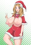 1girl big_breasts blue_eyes blush breastless_clothes breasts breasts_outside brown_hair christmas erect_nipples gigantic_breasts hair hair_bobbles hair_ornament hat headgear hips huge_breasts knees legs lips long_hair looking_at_viewer necktie nintendo nipples no_bra open_mouth poke_ball pokemon pokemon_(anime) pokemon_(game) pokemon_xy puffy_nipples ribbon santa_costume santa_hat senwa serena serena_(pokemon) shiny shiny_skin smile solo tongue v wide_hips