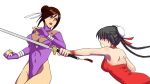  2_girls 2girls art battle black_hair breasts brown_eyes brown_hair china_dress chinese_clothes cleavage double_bun dress female fight fighting green_eyes multiple_girls original piw sword twintails warrior weapon 