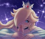 1boy 1girl bare_shoulders blonde_hair blue_eyes clothed_female_nude_male crown dress eyelashes fellatio hair_over_one_eye lips long_hair looking_at_viewer male/female mario_(series) nail_polish nintendo nude oral penis pov princess_rosalina randomboobguy rosetta_(mario) solo_focus sparkling_eyes super_mario_bros. super_mario_galaxy uncensored