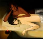 2girls after_sex aftersex arm arm_support arms art artist_request back bare_back bare_shoulders bed bed_sheet bethany_hawke_(dragon_age) black_hair breasts candle cleavage closed_eyes collarbone covering dark_skin dragon_age dragon_age_2 earrings female hair hair_grab hand_on_head head_grab head_rest interracial isabela_(dragon_age) jewelry lips looking_at_another love lying multiple_girls nude nude_cover on_side on_stomach orange_eyes petting piercing pillow short_hair sleeping smile topless under_covers yuri