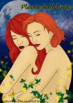 2girls arm arm_grab arms art artist_request back bare_back bare_shoulders character_request closed_eyes dragon_age english female from_behind full_moon hair hug hug_from_behind hugging leaf leaves leliana lips lipstick long_hair love makeup moon multiple_girls neck night nude orange_hair red_hair red_lipstick short_hair smile yuri