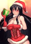 1girl akame_(akame_ga_kill!) akame_ga_kill! alluring black_hair haryu holding_gift long_hair red_eyes santa_hat santa_outfit