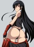 10s 1girl 1girl akame_(akame_ga_kill!) akame_ga_kill! alluring ass belt big_breasts black_gloves black_hair black_panties breasts closed_mouth female_focus gloves long_hair looking_at_viewer miniskirt panties red_belt red_eyes simple_background skirt standing underwear undressing white_background