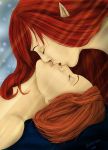 2girls 69 art artist_request bare_shoulders character_request closed_eyes dragon_age female girl_on_top hair kiss kissing leliana long_hair love lying multiple_girls neck nude on_back open_mouth orange_hair pointy_ears red_hair short_hair upside-down_kiss yuri