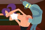 1girl anal bent_over breasts clothed_sex double_penetration drooling futurama hanging_breasts indoors looking_back machine nipples open_mouth pants_pull ponytail purple_hair pussy_juice robot saliva sex side tears torn_clothes turanga_leela vaginal