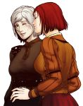 2girls art artist_request blush braid breasts character_request closed_eyes dragon_age dress facial_mark female hair hug hugging incipient_kiss leliana lips lipstick long_sleeves love multiple_girls neck parted_lips red_eyes red_hair short_hair silver_hair smile transparent_background uniform white_hair wince yuri