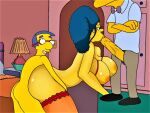  ass blue_hair erect_nipples erection fellatio huge_breasts huge_penis marge_simpson milhouse_van_houten moe_szyslak nude spitroast stockings the_simpsons thighs yellow_skin 