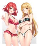 2_girls alluring bare_arms bare_shoulders big_breasts bikini black_bikini black_choker blonde_hair breasts choker cleavage closed_mouth frilled_bikini frills grey_background high_res long_hair looking_at_viewer multiple_girls mythra nintendo open_mouth plaid plaid_bikini pyra red_bikini red_eyes red_hair short_hair simple_background smile stomach swimsuit thighs white_bikini xenoblade_(series) xenoblade_chronicles_(series) xenoblade_chronicles_2 yellow_eyes yuxian_youka