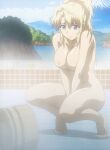  1girl alluring bare_legs bare_shoulders bath bathroom big_breasts blonde_hair blue_eyes blush breasts bucket completely_nude completely_nude_female covered_navel embarrassed freezing_(series) long_hair messy_hair nipples non-web_source nude satellizer_el_bridget screencap tears tied_hair wooden_bucket 