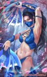 1girl alluring armpits arms_up bangs bare_arms bare_shoulders big_breasts bikini black_hair blue_bikini blue_eyes bracelet breasts cleavage clenched_hands dual_wielding earrings eyelashes fantasy fighting_stance fingernails holding jewelry judash137 kitana light-skinned_female light_skin long_hair looking_at_viewer magic mask midway_games mortal_kombat muscle navel revealing_clothes skirt standing stockings swimsuit thighs tiara toned very_long_hair weapon