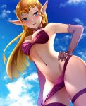 1girl alluring bikini blonde_hair blue_eyes blush earrings female_only gloves long_hair looking_at_viewer navel nintendo open_mouth outside pointy_ears princess_zelda stockings super_smash_bros_melee the_legend_of_zelda thighs tiara undressing ysen-danlowk zelda_(ocarina_of_time)