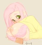 1girl big_breasts blush bra breasts doxy female fluttershy fluttershy_(mlp) friendship_is_magic green_eyes hair huge_breasts human humanized my_little_pony nipples paizuri penis pink_hair plain_background sweater