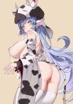 1girl 1girl 1girl animal_ears animal_print ass bangs beige_background blonde_hair blue_hair blush breasts catura_(granblue_fantasy) clothing cow_ears cow_girl cow_print detached_sleeves draph_race_(granblue_fantasy) earrings female_only female_solo granblue_fantasy high_resolution jewelry legwear long_hair looking_at_viewer pussy simao_(x_x36131422) simple_background stockings very_high_resolution white_legwear