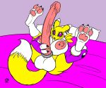 2013 3_toes badgerben big_breasts big_testicles breasts canine cock_ring dickgirl digimon ear_piercing elbow_gloves fox full_body futanari gloves hyper_penis intersex nipple_piercing nipples piercing pillow renamon tail testicles