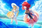 1girl 2_girls alinalal alluring beach bikini blonde_hair female_only mythra nintendo ocean outside outside pyra red_hair sun_hat swimsuit xenoblade_(series) xenoblade_chronicles_2