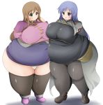  2girls asymmetrical_docking blue_eyes blue_hair breast_press breasts chubby fat female green_eyes huge_breasts kurokaze_no_sora legwear long_hair maria_traydor multiple_girls obese panties shoes sophia_esteed standing star_ocean star_ocean_till_the_end_of_time thighhighs underwear white_panties wide_hips 