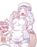  1boy 1girl aila_jyrkiainen bare_shoulders beret chubby darui_hito elbow_gloves fat female food gloves gundam gundam_build_fighters hat long_hair nikuman pantyhose red_hair reiji_(gundam_bf) sunglasses sunglasses_on_head white_hair 