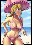 andre_parsa beach bikini blonde_hair blue_eyes breasts large_breasts mario_(series) nintendo princess_peach super_mario_bros. swimsuit umbrella