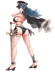  1girl absurd_res alluring alternate_costume alternate_version_available ass ass_focus back back_view big_breasts bikini black_bikini black_swimsuit blue_eyes breasts byleth_(female) byleth_(female)_(fire_emblem) byleth_(fire_emblem) byleth_(fire_emblem)_(female) byleth_(summer)_(fire_emblem)_(female) female_only fire_emblem fire_emblem:_three_houses fire_emblem_heroes from_behind full_body gonzarez hat high_heels high_res long_hair long_legs looking_at_viewer looking_back nintendo official_alternate_costume revision shiny_skin sideboob simple_background standing swimsuit sword sword_of_the_creator teal_hair thick_thighs weapon white_background 