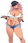 1girl bare_legs big_hair black_panties blue_eyes breasts censored choker cleavage cutoffs erection final_fight futanari hat highres kyura9een kyura_(kyura9een) kyuraa_(kyura9een) large_breasts long_hair mosaic_censoring newhalf panties peaked_cap penis pink_hair pinky_out poison poison_(final_fight) riding_crop short_shorts shorts solo street_fighter underwear