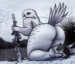 1girl big_ass big_breasts owl platform_shoes seductive sligarthetiger snow tail weapon white_skin winter