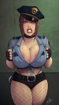 1girl big_breasts big_lips bimbo brown_hair devil_hs female_only fishnets g-string jill_valentine police_hat police_uniform policewoman resident_evil solo_female solo_focus tied_shirt