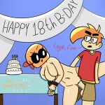 birthday breasts brown_shorts clothed_male_nude_female dialogue english_dialogue humanoid ls_mark_(character) meme nipples nude_female_clothed_male orange_hair orange_text penis red_shirt red_text rope shorts spiky_hair vaginal_penetration xploshi_(character) youtube youtuber zipper