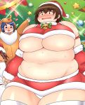  3girls bell blood blush breasts brown_eyes brown_hair chubby female hat huge_breasts multiple_girls nosebleed obese santa_costume santa_hat shimejix 