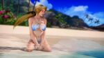 3d alluring beach big_breasts bikini blonde_hair closed_eyes dead_or_alive hairbow happy helena_douglas kneel kneeling_in_water long_hair swimsuit tecmo ukaxsan voluptuous