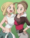  2girls alexa_(pokemon) armpits bare_shoulders belt blonde_hair blush breast_expansion breast_press breasts brown_hair cleavage creatures_(company) dark_green_eyes deviantart female game_freak green_background green_eyes gym_leader hand_on_hip huge_breasts humans_of_pokemon large_breasts midriff multiple_girls navel nintendo open_mouth pansy_(pokemon) pokemon pokemon_(anime) pokemon_(game) pokemon_xy porkyman refuto sandy_blonde_hair short_hair siblings simple_background sister sisters smile symmetrical_docking viola_(pokemon) 