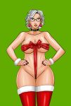 big_breasts blue_eyes breasts christmas cleavage fafnir_the_dragon glasses mrs._claus naked_ribbon ribbon ribbon_bondage smile solo white_hair