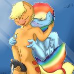  2013 anthro applejack blonde_hair blue_background blue_fur blush breast_grab breasts closed_eyes cum cutie_mark duo equine female freckles friendship_is_magic fur furry futanari hair horse horsecock multicolored_hair my_little_pony nipples orange_fur pegasus penis plain_background pony rainbow_dash rainbow_hair thenicestperson wings 