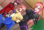 4girls areolae bodysuit breast_grab breasts cagalli_yula_athha cunnilingus dildo erect_nipples femdom futa_on_futa futanari grabbing gundam gundam_seed gundam_seed_destiny lacus_clyne large_breasts latex latex_suit long_hair lunamaria_hawke macxes meer_campbell multiple_girls nipples oral pink_hair rubber skin_tight spread_legs yuri