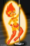 1girl adventure_time big_breasts breasts clothing elemental erect_nipples female fire fire_elemental flame_princess hair jewel lingerie nipples pointy_ears pole princess red_eyes red_hair royalty sandybelldf solo stripper stripper_pole thigh_highs