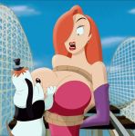 animated anthro big_breasts bound breast_suck breastfeeding breasts cageraptor canine captured cleavage disney dog droopy elbow_gloves female gif gloves hair huge_breasts human interspecies jessica_rabbit long_hair male mini_top_hat orange_hair red_hair roller_coaster rope size_difference sucking who_framed_roger_rabbit