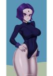 1girl big_breasts blush breasts clothed clothing dc_comics female_only grey_skin humanoid leotard long_sleeves mostly_clothed purple_hair raven_(dc) short_hair standing tagme teen_titans wide_hips zipsha