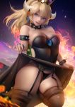 1girl 1girl 1girl black_panties blonde_hair blue_eyes bowsette breasts choker crown dress dress_lift earrings female_only garter_belt panties ponytail stockings stockings super_mario_bros. thick_thighs tied_hair voluptuous zumi_(artist)