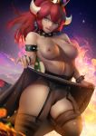 1girl 1girl 1girl areola areola blue_eyes bowsette breasts choker crown dress_lift earrings female_only garter_belt ponytail pubic_hair pussy red_hair stockings stockings super_mario_bros. thick_thighs tied_hair voluptuous zumi_(artist)