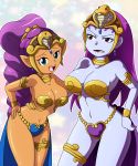 2girls bare_shoulders big_breasts blue_eyes bracelet breasts cleavage crown dark-skinned_female dark_skin earrings female female_only hair_ornament hand_on_hip jewelry large_breasts looking_at_viewer navel open_mouth ponytail purple_hair purple_skin red_eyes revealing_clothes risky_boots shantae shantae_(character) simple_background teeth thighlet thighs tongue wide_hips