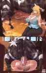  1girl 2koma anal anal_penetration anal_sex barn big_breasts blonde_hair collared_shirt curvaceous curves curvy curvy_figure cynthia_(pokemon) erect_nipples_under_clothes fucked_silly game_freak hay hetero high_heels horny horse horse_penis horsecock huge_breasts huge_penis indoors instant_loss_2koma interspecies large_penis legs_up long_hair mating_press nintendo pants penis_awe pokemon_dppt pokephilia ruru-raida sex short_sleeves voluptuous zebstrika 